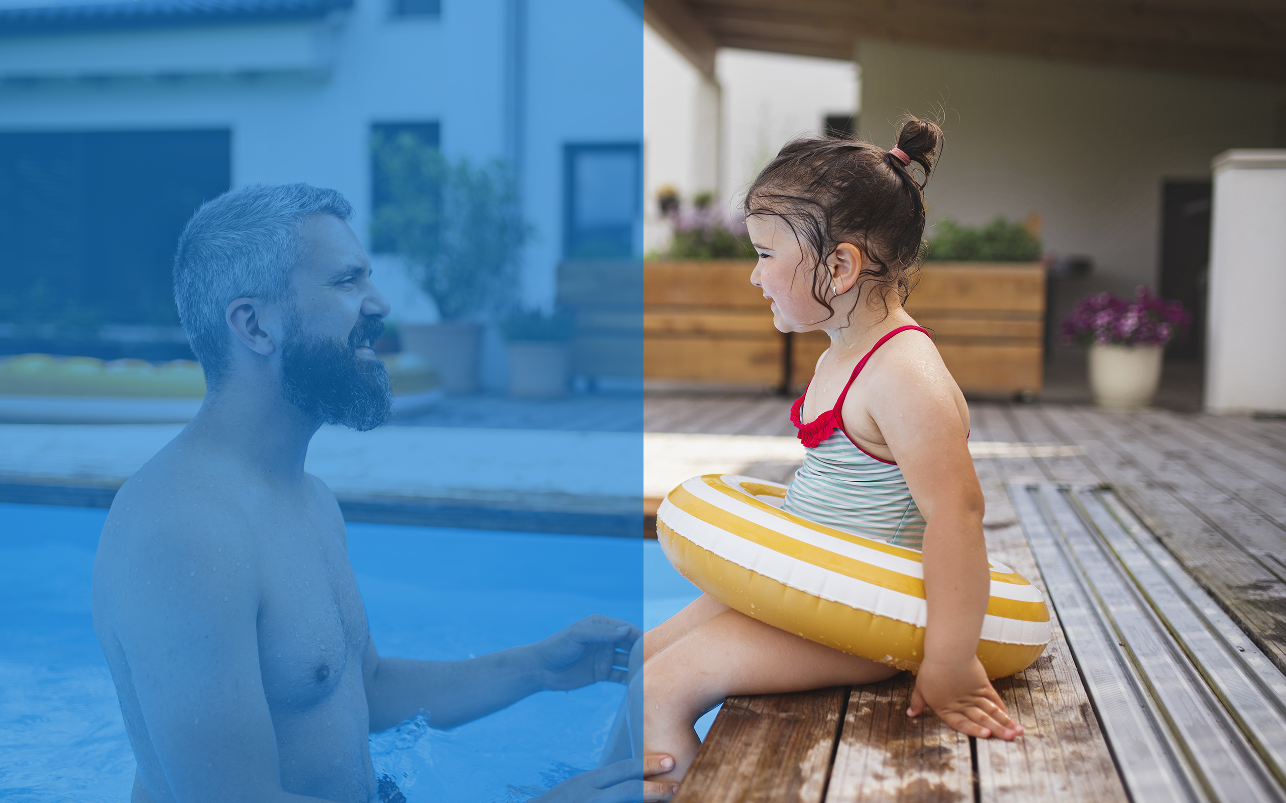 Padre e hija en la piscina de su casa